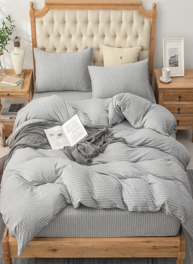 PURE ERA Jersey Knit Duvet Cover Set 100% T-Shirt Heather Cotton Super Soft Comfy Classic Striped Design, with Zipper Closure, Grey & White Pintripe, King - Image 3