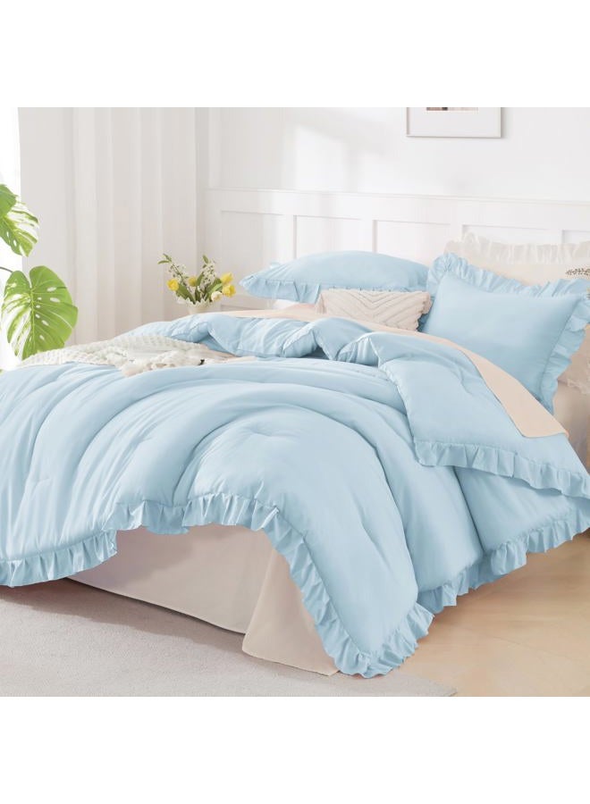 Andency Light Blue Comforters Queen Size, 3 Pieces Solid Shabby Chic Farmhouse Bedding Comforters & Sets, Lightweight Fluffy All Season Soft Down Alternative Bed Set for Women Men - Image 1