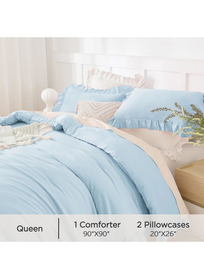 Andency Light Blue Comforters Queen Size, 3 Pieces Solid Shabby Chic Farmhouse Bedding Comforters & Sets, Lightweight Fluffy All Season Soft Down Alternative Bed Set for Women Men - Image 5