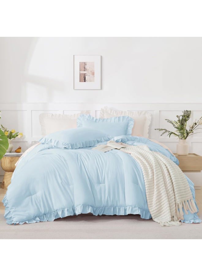 Andency Light Blue Comforters Queen Size, 3 Pieces Solid Shabby Chic Farmhouse Bedding Comforters & Sets, Lightweight Fluffy All Season Soft Down Alternative Bed Set for Women Men - Image 2
