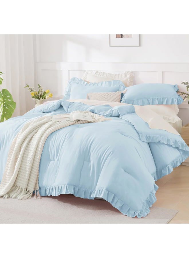 Andency Light Blue Comforters Queen Size, 3 Pieces Solid Shabby Chic Farmhouse Bedding Comforters & Sets, Lightweight Fluffy All Season Soft Down Alternative Bed Set for Women Men - Image 4