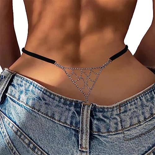 Rotaiboes Sexy Bikini Rhinestone Mesh Thong Panties Summer Beach Crystal Waist Chain Thong Elasticity Rhinestone Rave G String Waist Body Chain Jewelry for Women (Silver) - Image 1