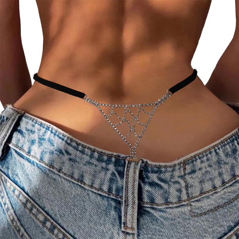 Rotaiboes Sexy Bikini Rhinestone Mesh Thong Panties Summer Beach Crystal Waist Chain Thong Elasticity Rhinestone Rave G String Waist Body Chain Jewelry for Women (Silver) - Image 2