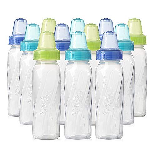 Evenflo Feeding Classic Clear Plastic Standard Neck Bottles for Baby Infant and Newborn TealGreenBlue 8 Ounce Pack of 12