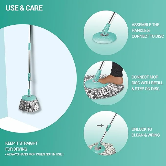 Milton Spotzero by Milton Classic Spin Mop Bucket on Wheels, Extendable Handle | Liquid Dispenser| Wringer Set | 360 Spinning Mop Bucket Floor Cleaning & Mopping System with 2 Microfiber Refills, Aqua Green Aqua Green