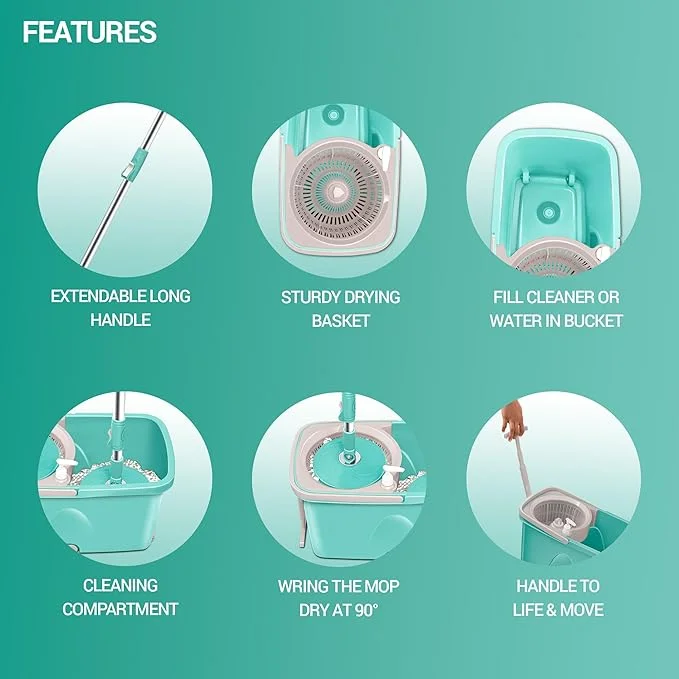 Milton Spotzero by Milton Classic Spin Mop Bucket on Wheels, Extendable Handle | Liquid Dispenser| Wringer Set | 360 Spinning Mop Bucket Floor Cleaning & Mopping System with 2 Microfiber Refills, Aqua Green Aqua Green