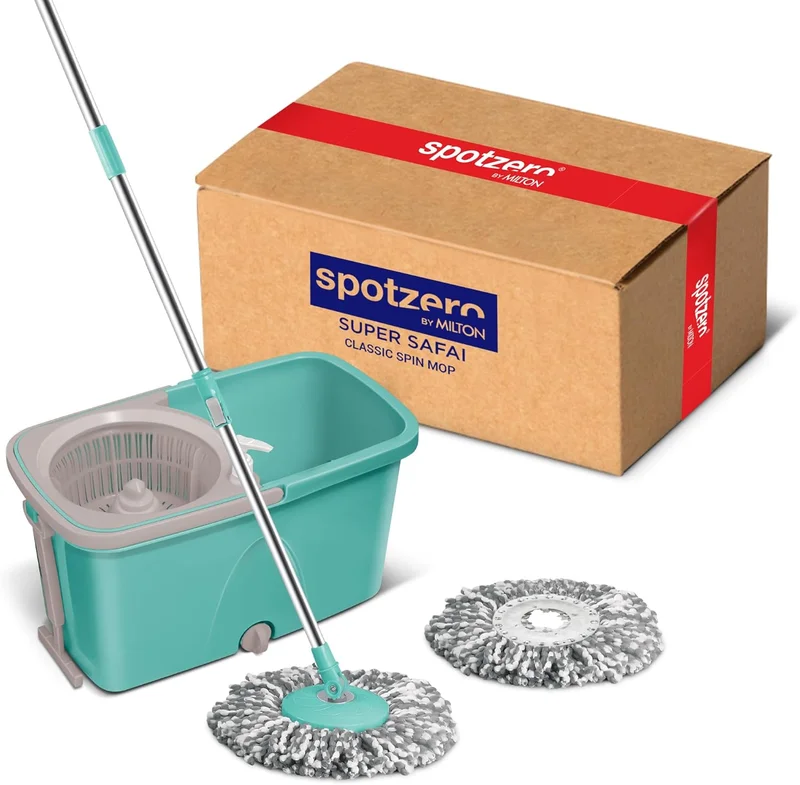 Spotzero by MILTON Spin Mop and Bucket with 2 Microfiber Refill, Liquid Dispenser, Wringer Set - Extendable Handle 360° Spinning Mop for Floor Cleaning, ممسحة ارضيات - Classic - Aqua Green