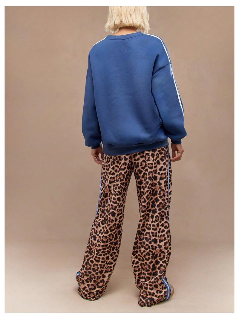 WDIRARA Women's Y2k Leopard Print Pants Elastic Waist Wide Leg Pants Trousers Bottoms Brown Blue X-Small - Image 2
