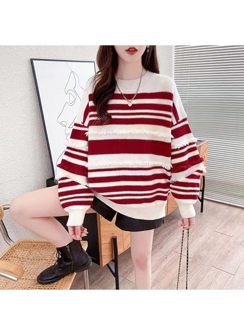 Laid-back American Striped Womens Sweater Base Layer Knitted Top Spring Autumn Comfortable Long Sleeve round Neck Print City Style Red
