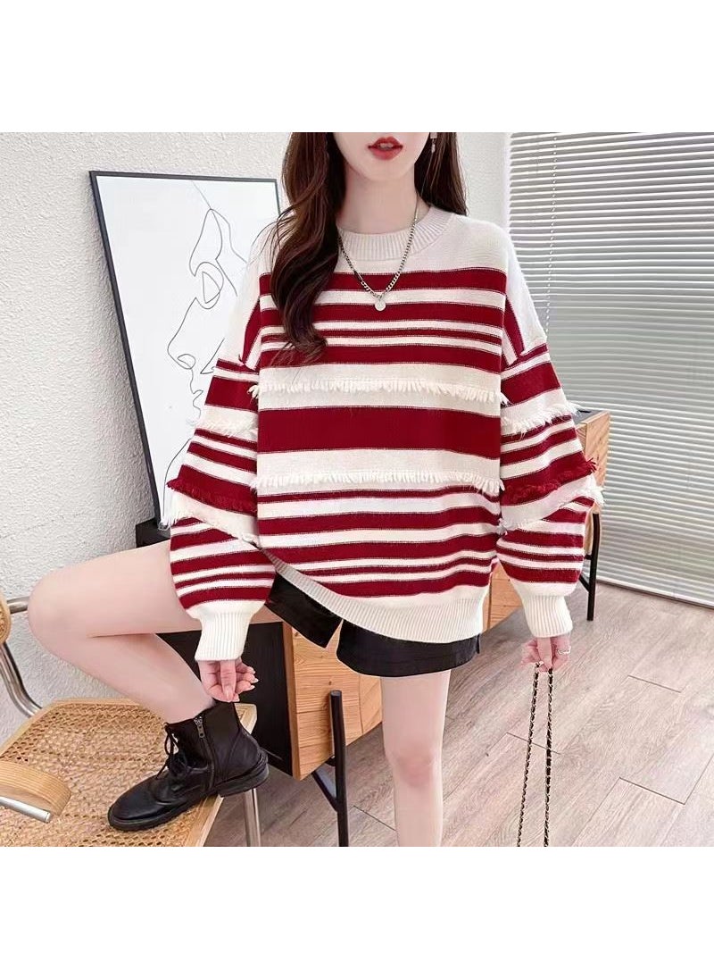 Laid-back American Striped Womens Sweater Base Layer Knitted Top Spring Autumn Comfortable Long Sleeve round Neck Print City Style Red