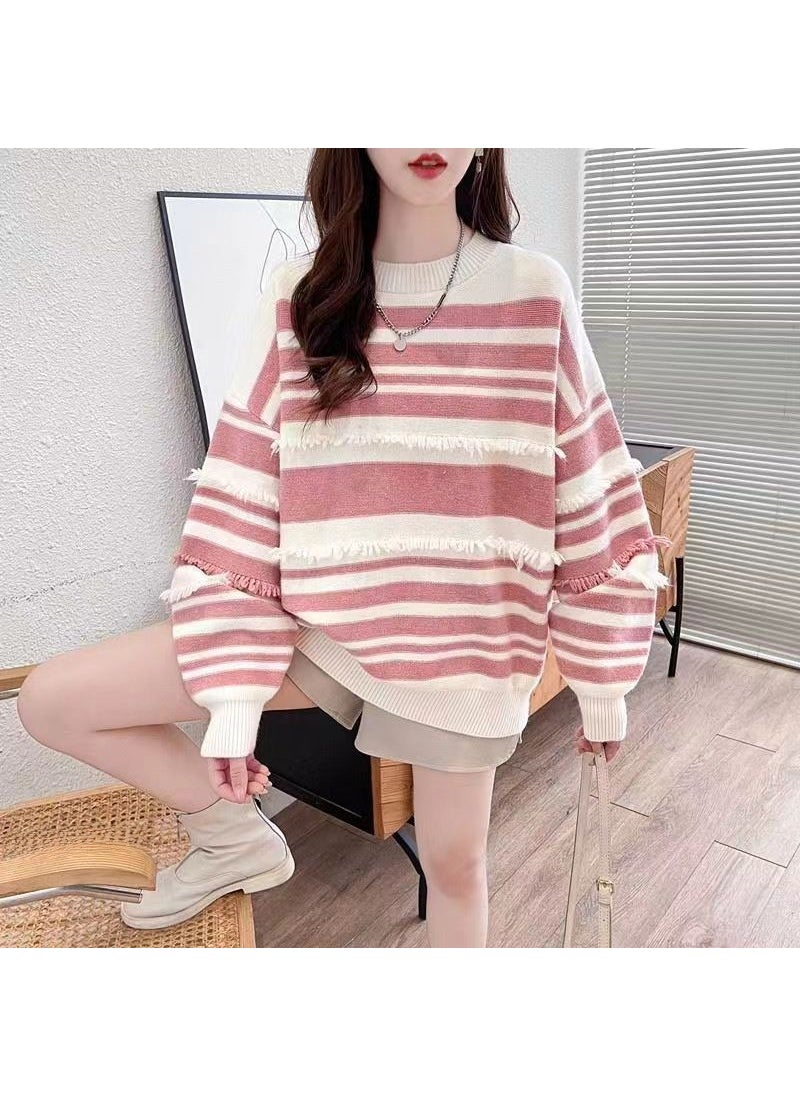 Laid-back American Striped Womens Sweater Base Layer Knitted Top Spring Autumn Comfortable Long Sleeve round Neck Print City Style Red