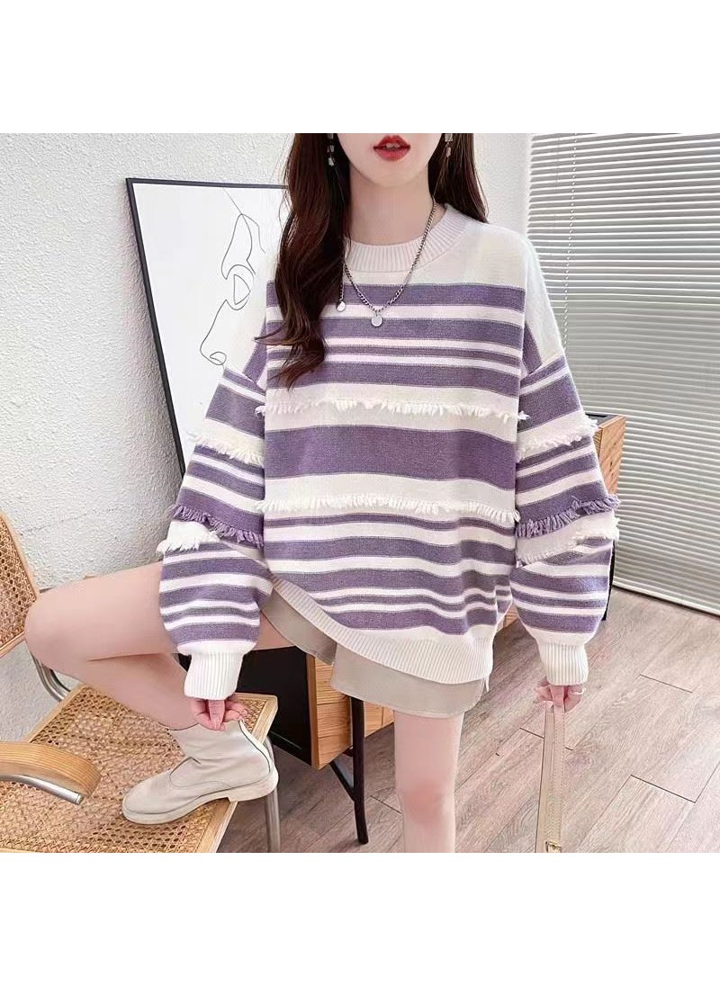 Laid-back American Striped Womens Sweater Base Layer Knitted Top Spring Autumn Comfortable Long Sleeve round Neck Print City Style Red