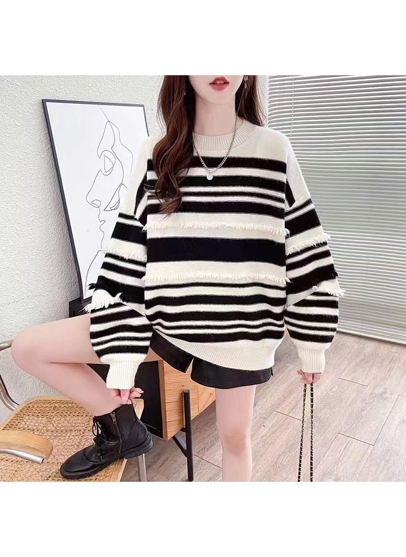 Laid-back American Striped Womens Sweater Base Layer Knitted Top Spring Autumn Comfortable Long Sleeve round Neck Print City Style Red