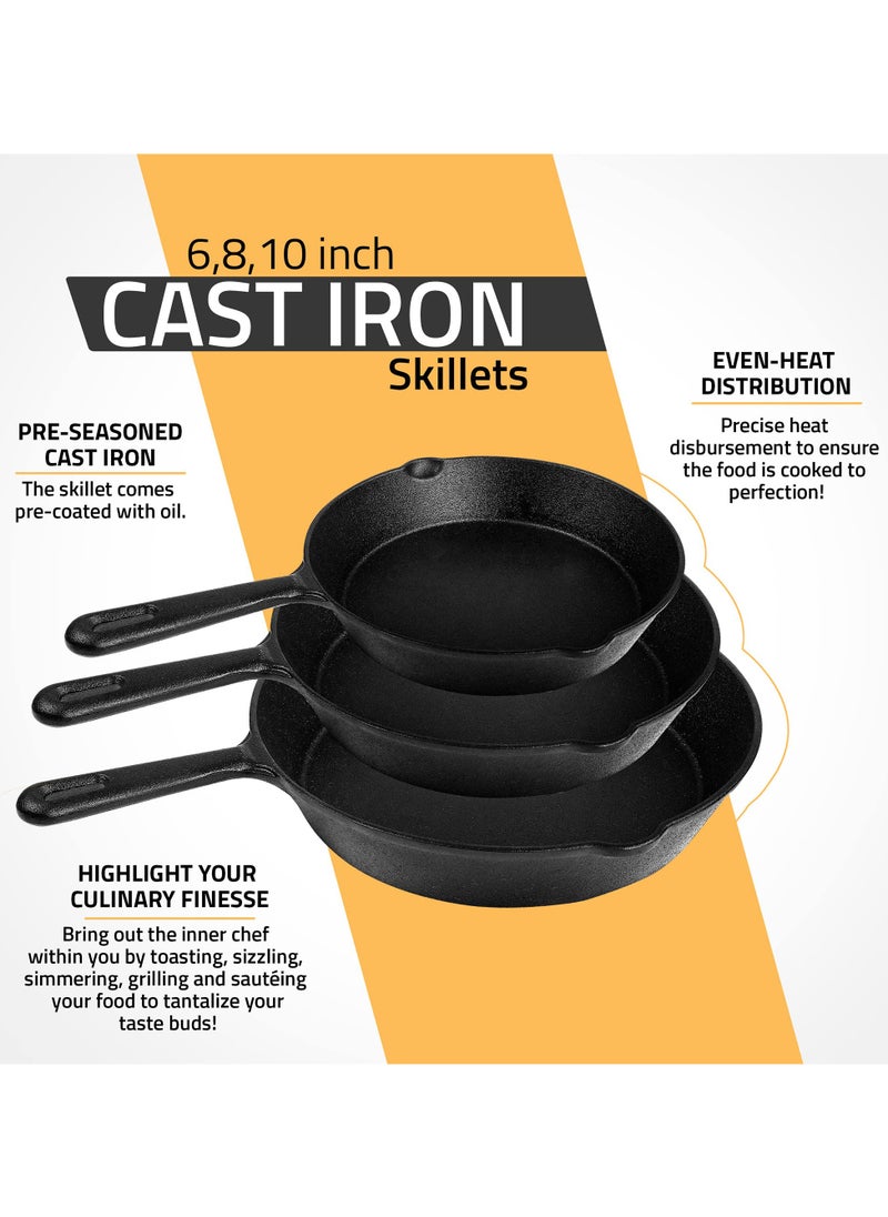 LKTOCAFT - Pre-Seasoned Cast Iron Skillet Set 3-Piece - Safe Non-Stick Frying Pans  - Ideal Cookware for Frying & Sautéing with Easy-Handle Design PFOA Free (6, 8, 10 Inch) - Image 1