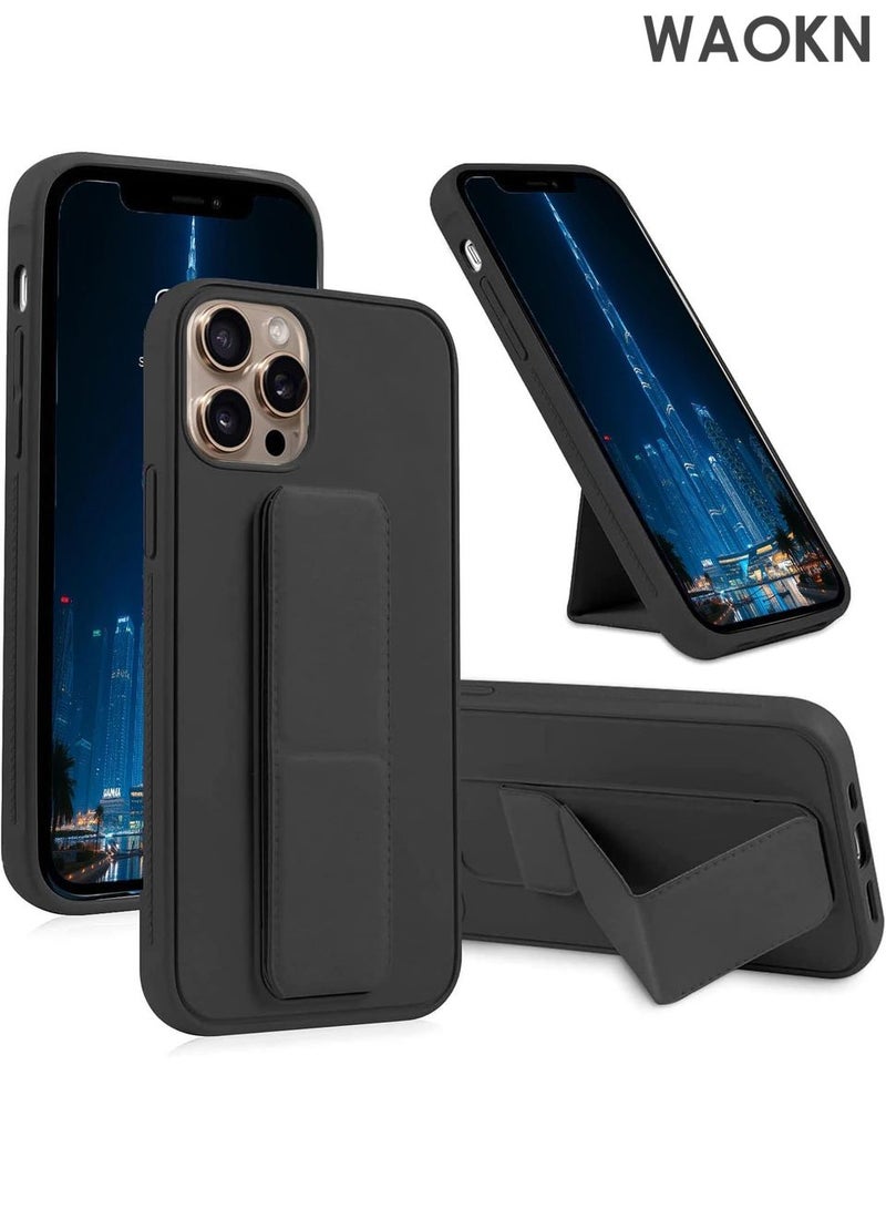 WAOKN Case for iPhone 16 Pro Max Cover, Back Stand Case with Magnet Holder, Premium Silicone Vertical and Horizontal Hand Strap Grip Case with Stand, Shockproof cover case for iPhone 16 Pro Max（Black） - Image 1
