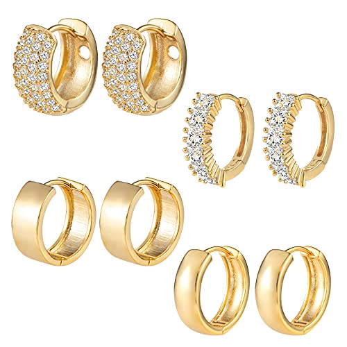 ALEXCRAFT Gold Small Hoop Earrings for Women Hypoallergenic Lightweight 14K Gold Huggie Earrings Set Thick Huggies Hoops（4 Pairs） - Image 1