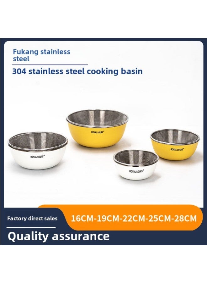 Cross-border 304 Stainless Steel Spray Color Cooking Basin Salad Basin Rice Mixing Bowl Vegetable Washing Basin And Noodle Beating Basin Spice Basin-Specifications:22cm-Color:Cream White (with Sieve)  - Image 1