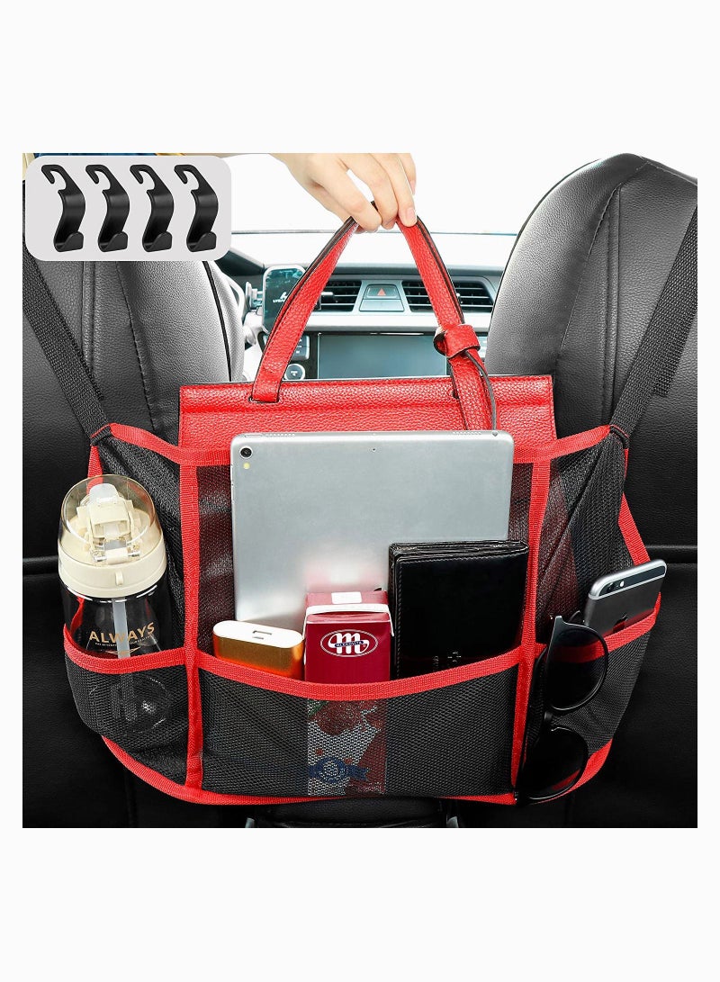 SYOSI Car Net Holder, Car Handbag Holder Seat Back Organizer Mesh Large Capacity Bag for Purse Storage Phone Documents Pocket, Cargo Tissue Holder - Car Storage Pocket with 4 Pcs Car Hooks - Image 1