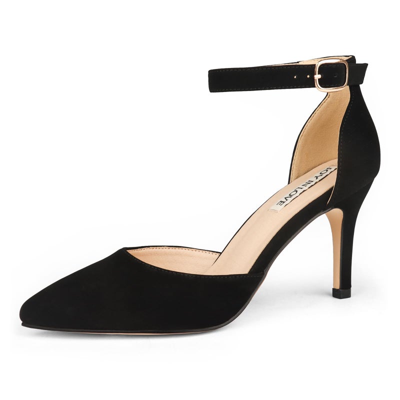 JOY IN LOVE Closed Toe Heels Pumps for Women 3IN Stiletto Pointed Toe Ankle Strap Heels Black Nubuck US6 - Image 1