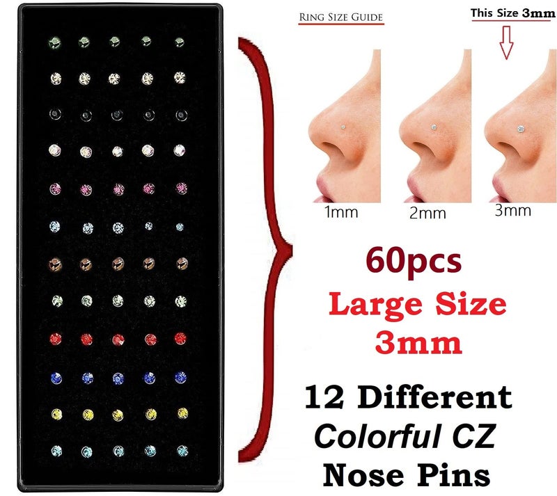 VAMA FASHIONS 60 PCS Multicolor Stone Nosering 3 MM Surgical Steel Nosepin Studs Multiple Tiny Nose Pin Nose Stud piercing Round For Women & Girls - Image 2
