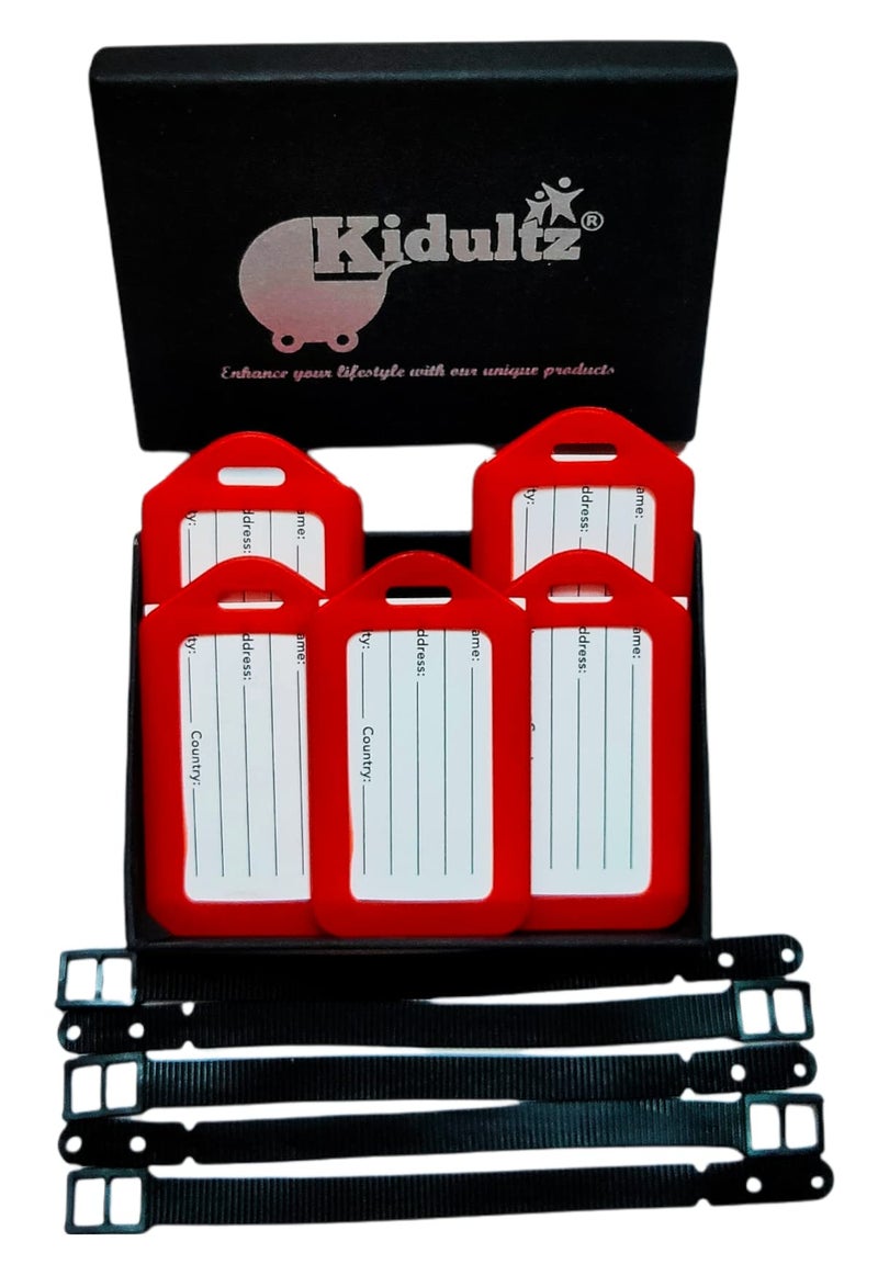 Kidultz Luggage Tags with Premium Strap for Travel suitcases, School Bags, etc..for Easily Identification of Bags(Pack of 5) (Red) - Image 1