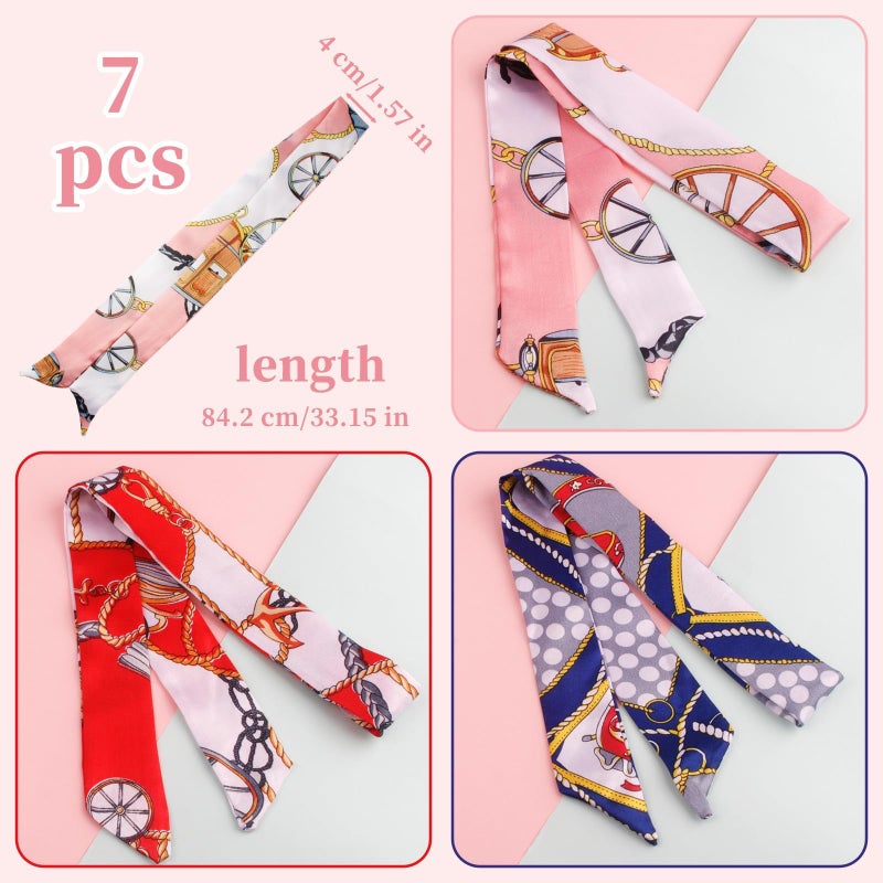 Asofelk 7PCS Women Head Neckerchief Purse Scar, Band Narrow Scarf Ribbon Satin Scarfs, Women Handbag Scarf for Woman Wrap Fashion Gifts, Woman Head Neckerchiefing Purse/ Neckerchief Scarfs (Mixed Styles) - Image 3