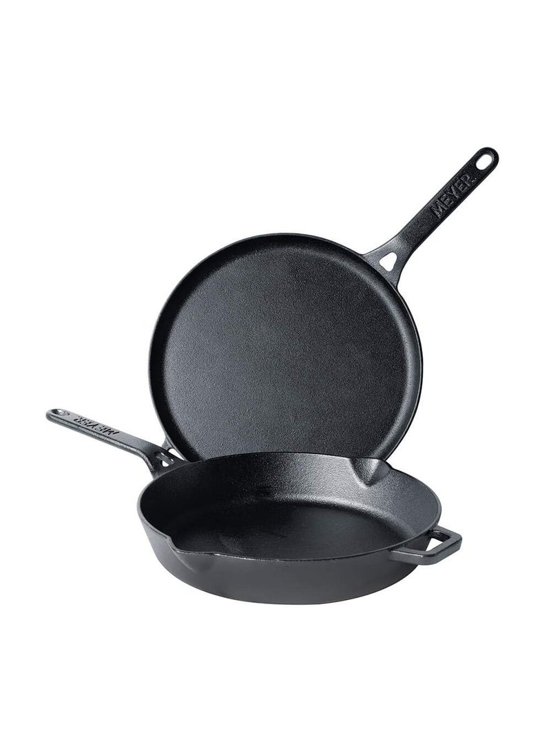 MEYER Meyer Pre-Seasoned Cast Iron 2 Piece Cookware Set - 26cm Fry pan + 28cm Flat Dosa Tawa | Induction Cookware Set Combo Offer | Cast Iron Utensils for Cooking | Cast Iron Set Kitchen, Black  - Image 1