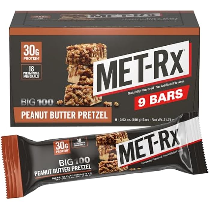 MET-Rx Big 100 Colossal Protein Bars, Great as Healthy Meal Replacement, Snack, and Help Support Energy, Peanut Butter Pretzel, With Vitamin A, Vitamin C, and Zinc, 100 g, (Pack of 9) - Image 1