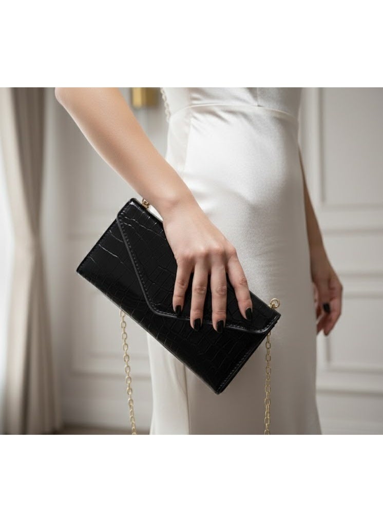 zoba Small women's handbag and shoulder bag with a luxurious gold chain - elegant design with a crocodile leather pattern - multiple pockets for cards and money with an internal zipper - high-quality material - ideal for daily use, occasions and evenings (black) - Image 2