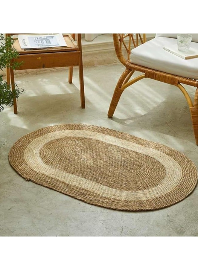 LINGWEI Natural Handwoven Oval Jute Area Rug with White Line Rustic Farmhouse Decor for Living Room Bedroom or Entryway Eco Friendly & Durable - Image 3