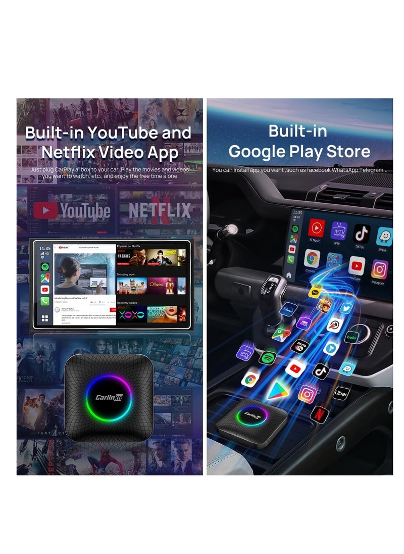 Carlinkit Newest Android 13.0 Ai Box LED, 8+128GB with Qualcomm 8-cores, 3-in-1 Wireless CarPlay/Android Auto Comes with Play Store, Streaming Video, Only for The Vehicle with Wired CarPlay