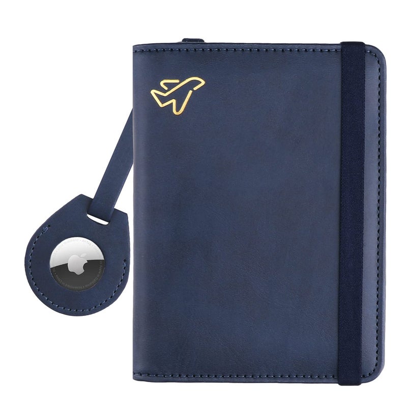 WALNEW AirTag Passport Holder, PU Leather Airtag Wallet RFID Blocking Passport Cover Travel Essentials Case for Women Men (Navy Blue) - Image 1