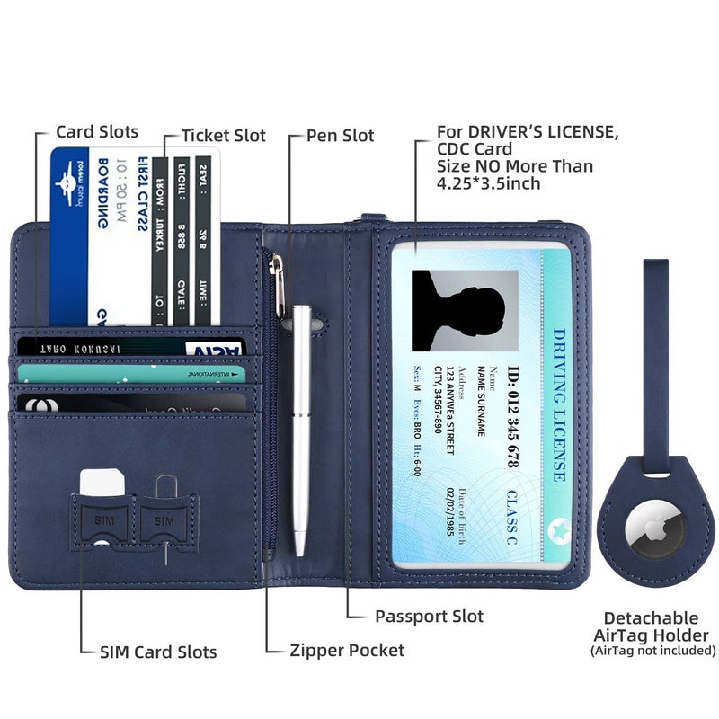 WALNEW AirTag Passport Holder, PU Leather Airtag Wallet RFID Blocking Passport Cover Travel Essentials Case for Women Men (Navy Blue) - Image 2