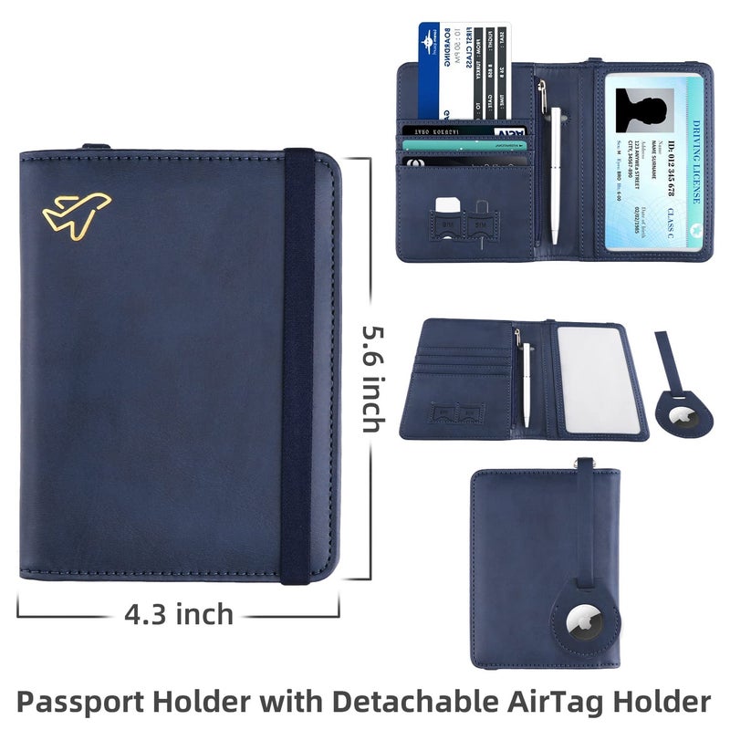 WALNEW AirTag Passport Holder, PU Leather Airtag Wallet RFID Blocking Passport Cover Travel Essentials Case for Women Men (Navy Blue) - Image 4