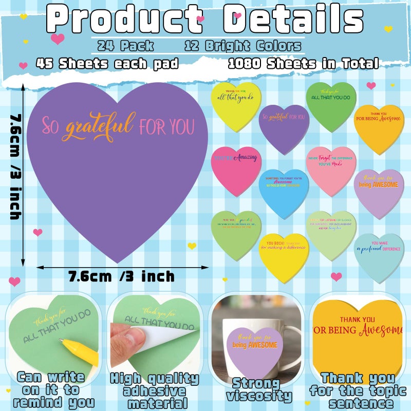 Teling 24 Pack Valentine's Day Sticky Notes Heart Shape Sticky Notes 3 x 3 Inch Thank You Notepads Bulk Cute Memo Pads for Galentines Party Gifts School Office Supplies (Bright) - Image 5