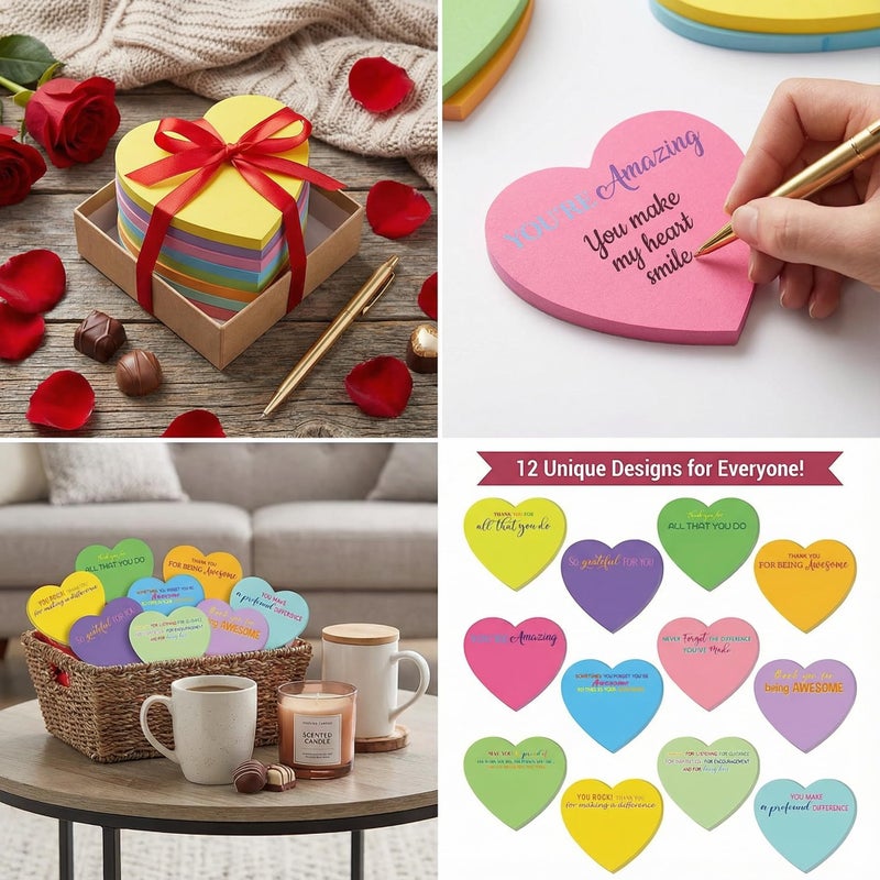 Teling 24 Pack Valentine's Day Sticky Notes Heart Shape Sticky Notes 3 x 3 Inch Thank You Notepads Bulk Cute Memo Pads for Galentines Party Gifts School Office Supplies (Bright) - Image 3