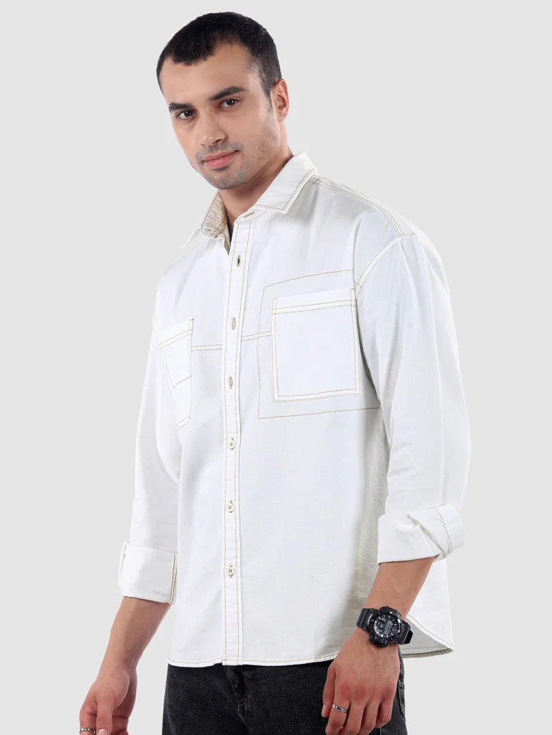 Beyoung White Dual Pocket Contrast Stitch Shirt