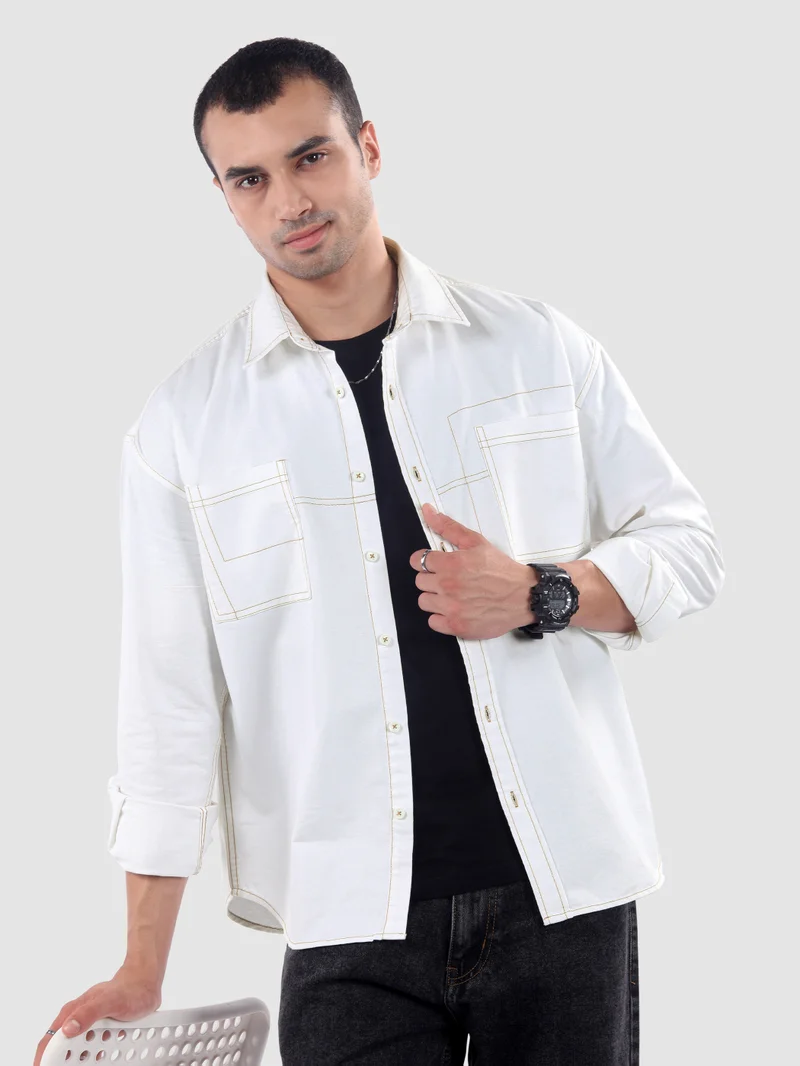 Beyoung White Dual Pocket Contrast Stitch Shirt