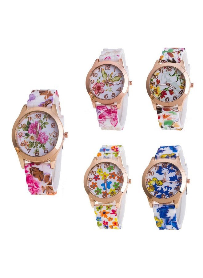 CdyBox Women Ladies Girls Floral Dial Silicone Band Analog Watches Rose Gold Tone Numbers (5 Pack) - Image 1