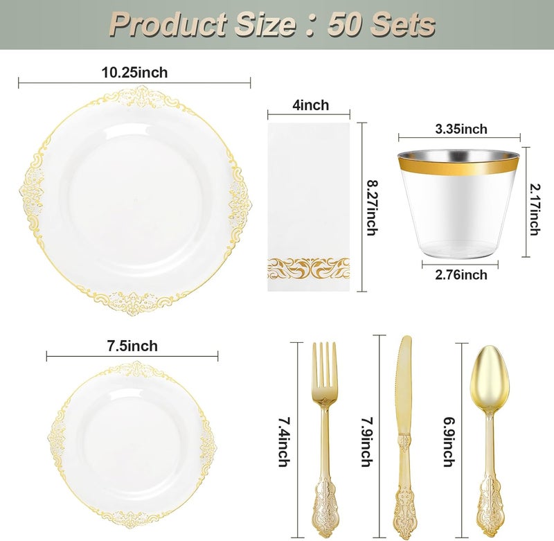 Bestluck 350PCS Clear Gold Plastic Plates for 50 Guests, Disposable Dinnerware Set Includes 100 Clear Disposable Plates, 150 Gold Silverware, 50 Cups, 50 Napkins for Party, Wedding - Image 2