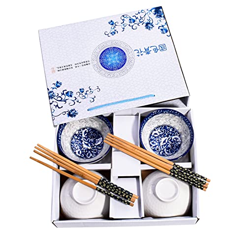 Whitenesser Blue and White Porcelain Rice Bowls Set of 4 with Bamboo Chopsticks, 12 oz Hand-Painted Ceramic Soup Bowls for Family, Traditional Floral Noodle Bowls in Premium Gift Box, Microwave Safe - Image 1