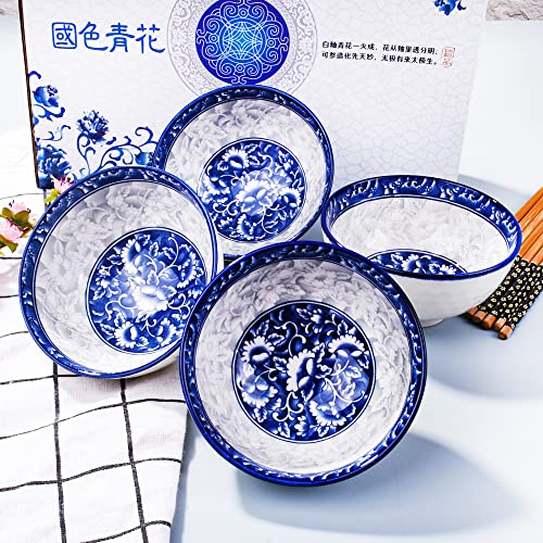 Whitenesser Blue and White Porcelain Rice Bowls Set of 4 with Bamboo Chopsticks, 12 oz Hand-Painted Ceramic Soup Bowls for Family, Traditional Floral Noodle Bowls in Premium Gift Box, Microwave Safe - Image 3