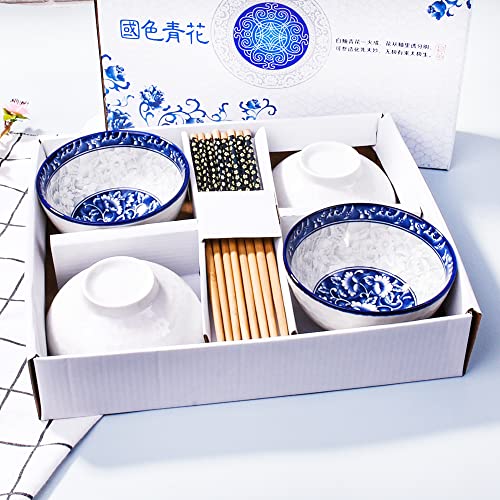 Whitenesser Blue and White Porcelain Rice Bowls Set of 4 with Bamboo Chopsticks, 12 oz Hand-Painted Ceramic Soup Bowls for Family, Traditional Floral Noodle Bowls in Premium Gift Box, Microwave Safe - Image 5