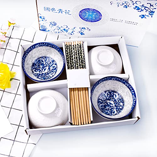 Whitenesser Blue and White Porcelain Rice Bowls Set of 4 with Bamboo Chopsticks, 12 oz Hand-Painted Ceramic Soup Bowls for Family, Traditional Floral Noodle Bowls in Premium Gift Box, Microwave Safe - Image 2