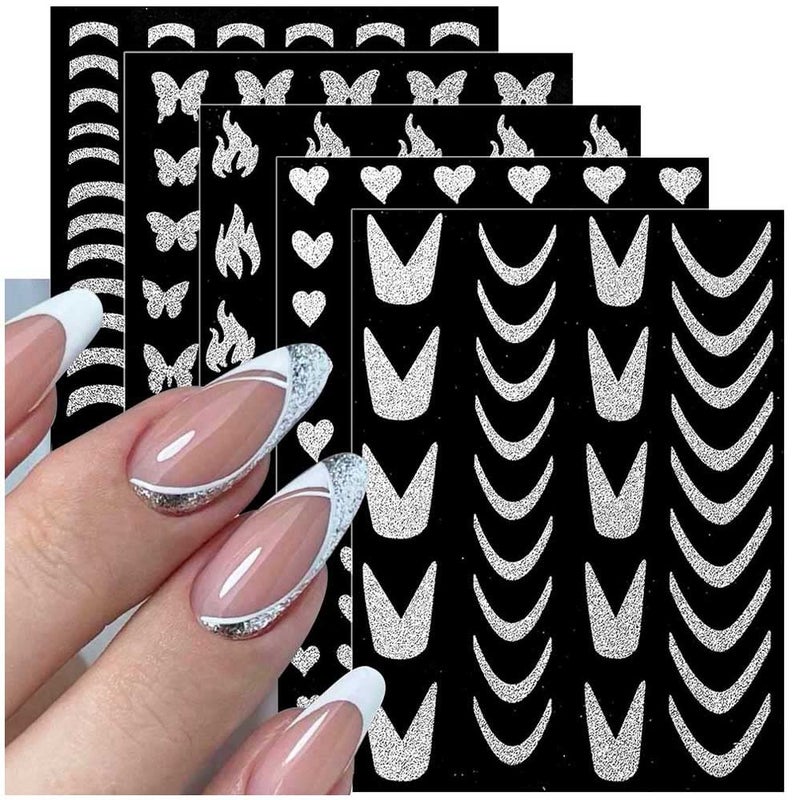 Dornail 10 Sheets Glitter Silver French Tip Nail Stickers 3D Metallic Curve Stripe Lines Heart Star Flame Butterfly Nail Decals Self Adhesive Nail Art Stickers DIY Nail Design Nail Art Decoration