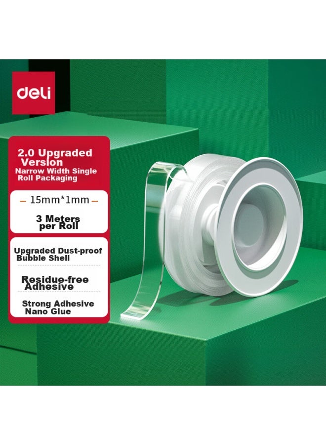 ديلي Deli Strong Nano Tape، شريط لاصق مزدوج الوجه غير مرئي، لاصق شفاف، 15mm*3m، علبة فقاعات محسّنة مضادة للغبار، مناسب للوحات التهنئة ولوحات رأس السنة، قابل للغسل وإعادة الاستخدام، 2 لفافات، 33625 - Image 1