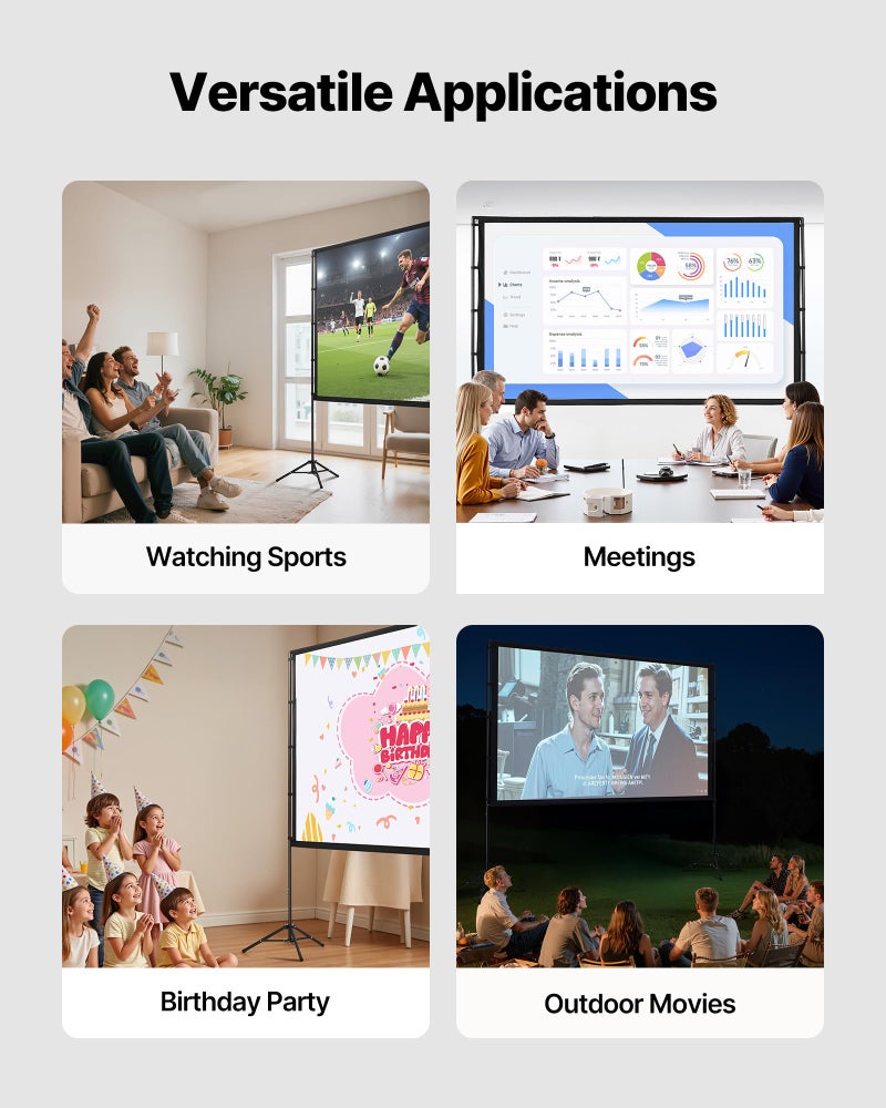 VEVOR Projector Screen with Stand, 100 Inch 160Â° Wide Angle Indoor Outdoor Projection Screen, 16:9 4K HD Wrinkleless Portable Dual-Tripod Screens with Carry Bag, for Movie Home Theater Presentation - Image 5