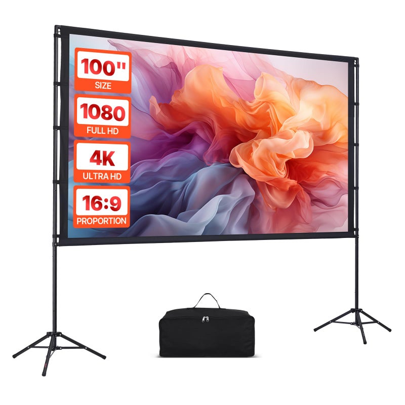 VEVOR Projector Screen with Stand, 100 Inch 160Â° Wide Angle Indoor Outdoor Projection Screen, 16:9 4K HD Wrinkleless Portable Dual-Tripod Screens with Carry Bag, for Movie Home Theater Presentation - Image 1
