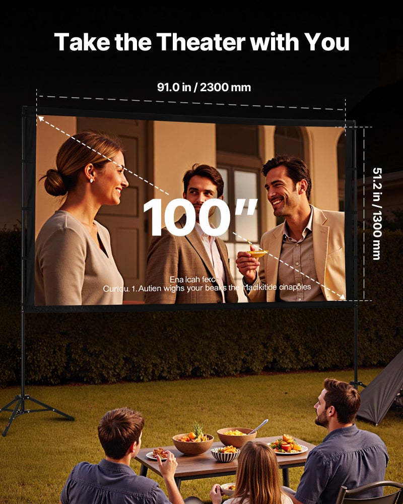 VEVOR Projector Screen with Stand, 100 Inch 160Â° Wide Angle Indoor Outdoor Projection Screen, 16:9 4K HD Wrinkleless Portable Dual-Tripod Screens with Carry Bag, for Movie Home Theater Presentation - Image 2