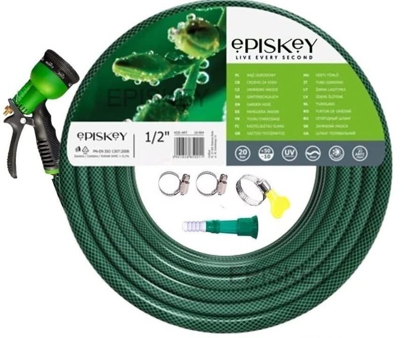 Episkey Heavy Duty 30 Meter Garden Hose Pipe | 1/2 Inch Flexible Water Pipe with Double Latex Core Braided Anti-Kink Outer Layer 8-Pattern SprayGun, Tap Connector & 2 Clamps | Leak-Proof, UV-Resistant - Image 1